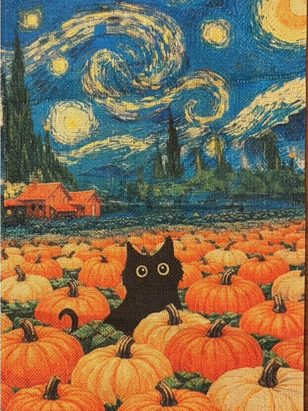 Garden Flag, Starry Night Black Cat Pumpkin, 12”x18”, Burlap double-sided
